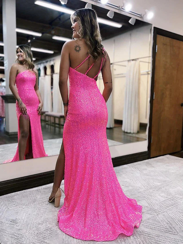Wholesa Mermaid / Trumpet Prom Dresses Sexy Dress Formal Sweep / Brush Train Sleeveless One Shoulder Sequined Backless with Sequin Slit