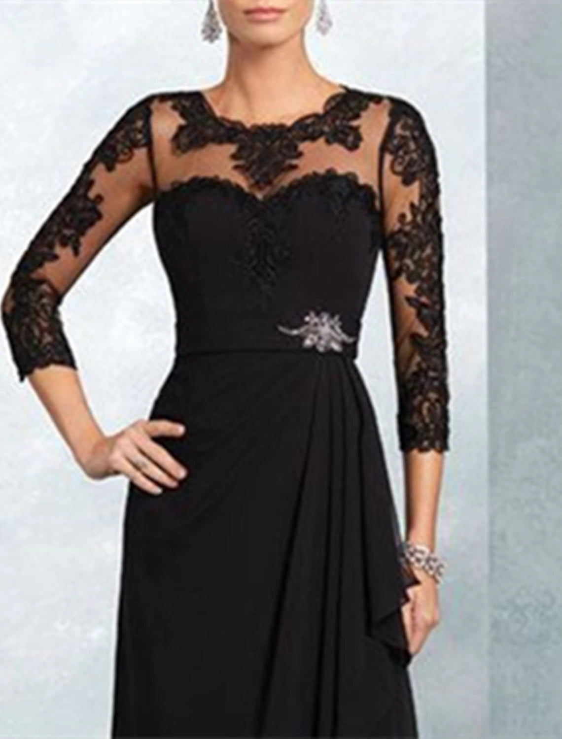 Wholesa A-Line Mother of the Bride Dress Wedding Guest Elegant Party Jewel Neck Floor Length Chiffon Lace 3/4 Length Sleeve with Sash / Ribbon Appliques