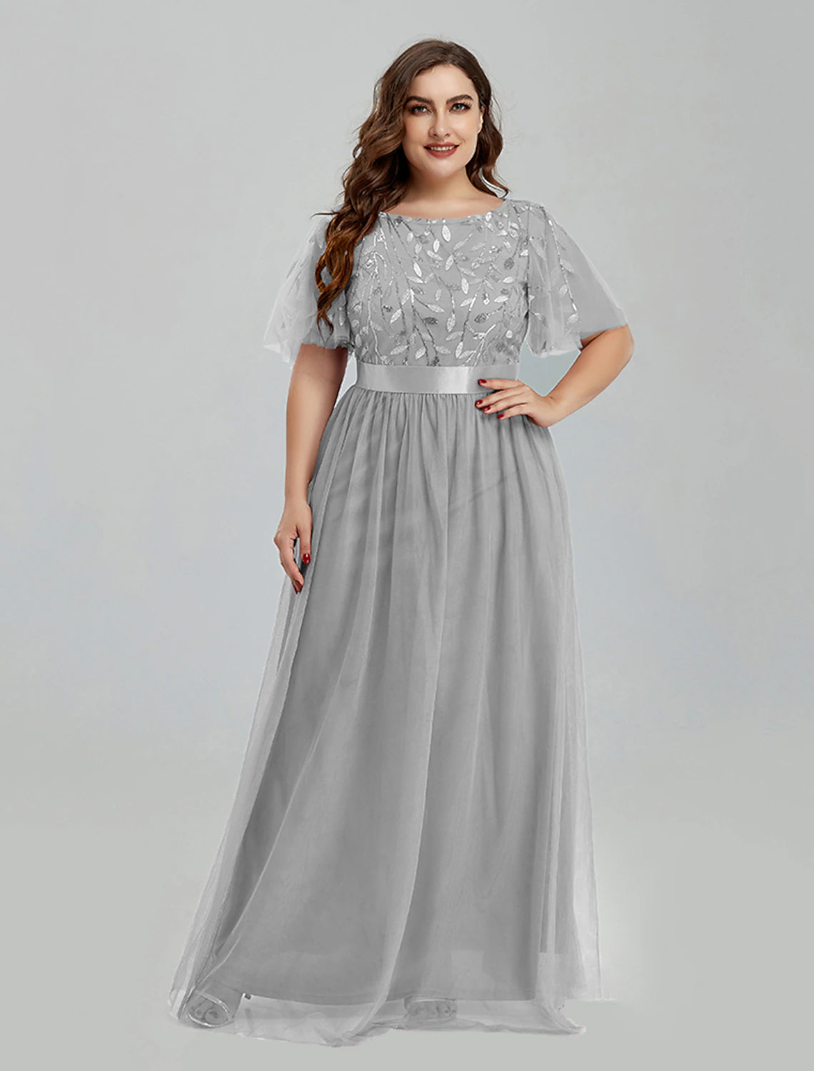 wholesa A-Line Prom Dresses Floral Dress Party Wear Quinceanera Floor Length Short Sleeve Jewel Neck Bridesmaid Dress Tulle with Embroidery Splicing