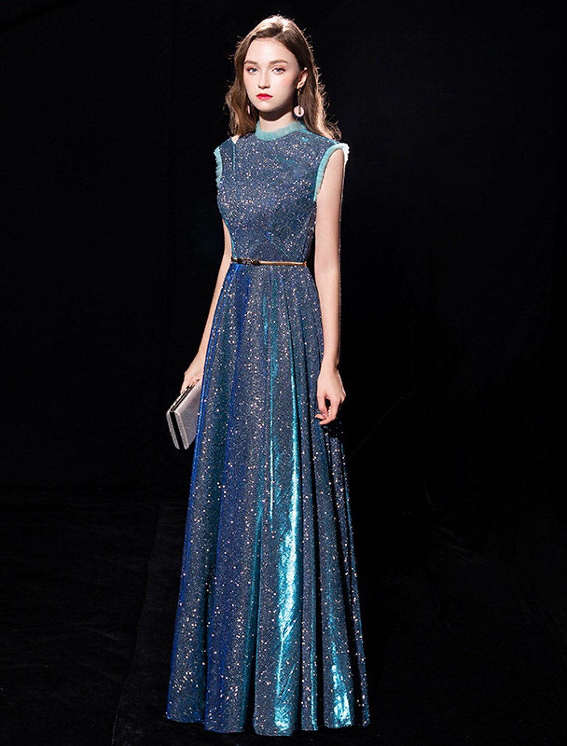 Wholesa A-Line Elegant Sparkle & Shine Formal Evening Dress High Neck Sleeveless Floor Length Tulle with Sash / Ribbon