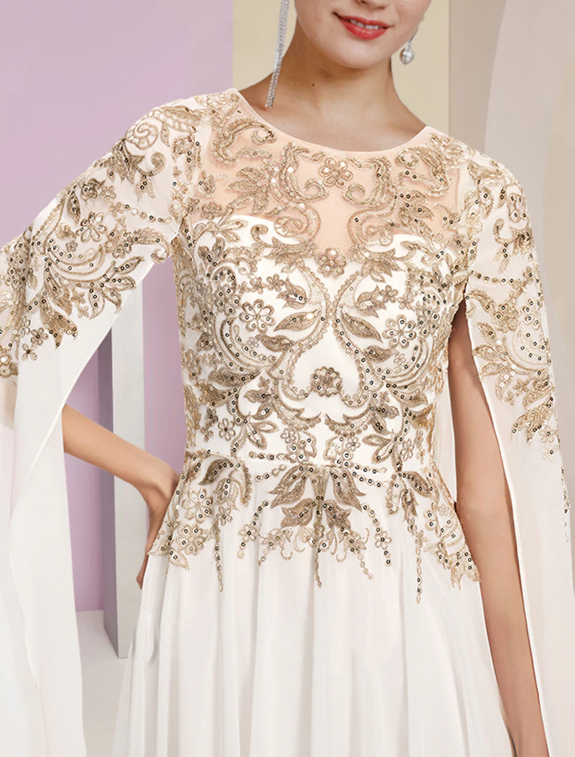 wholesale  Sheath / Column Mother of the Bride Dress Wedding Guest Party Luxurious Jewel Neck Floor Length Chiffon Lace Sequined Long Sleeve with Pleats