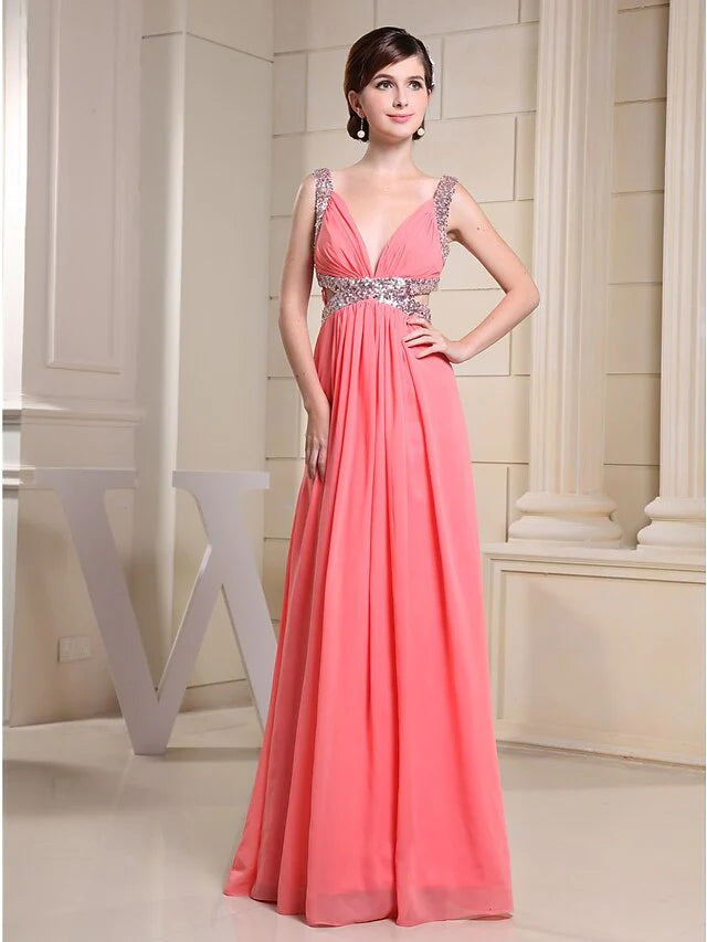 Wholesa A-Line Evening Gown Sparkle Dress Engagement Floor Length Sleeveless V Neck Chiffon with Pleats Sequin