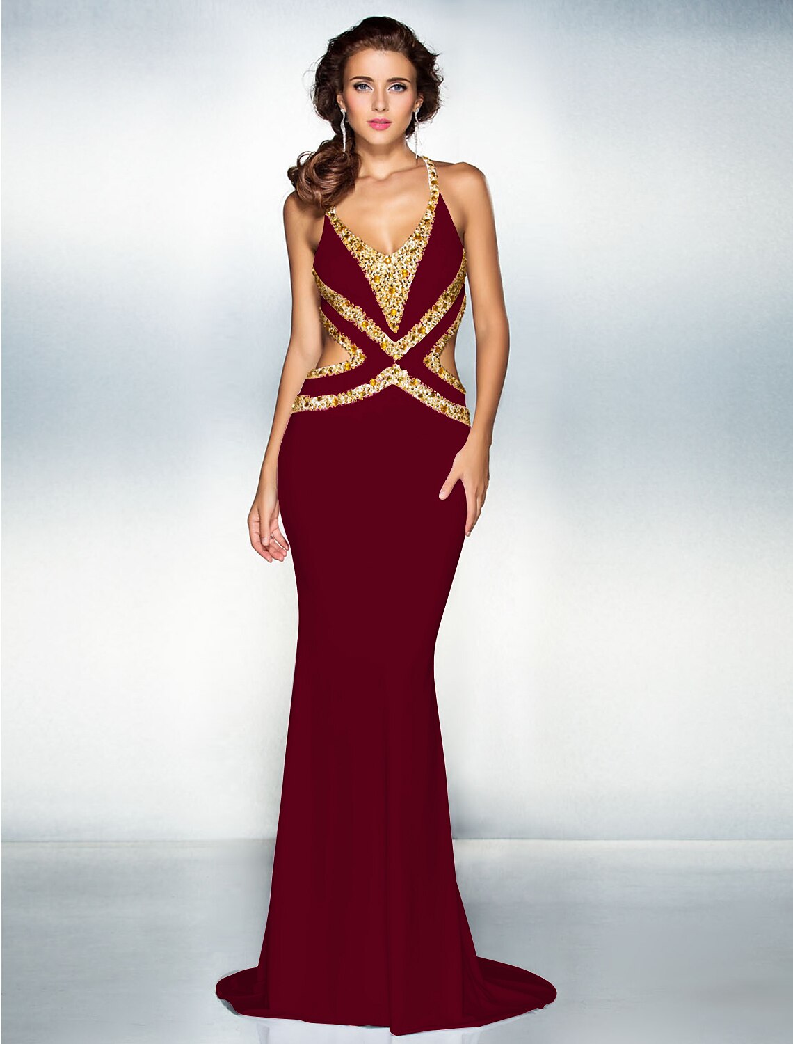 Wholesa Mermaid / Trumpet Sparkle Dress Wedding Guest Engagement Sweep / Brush Train Sleeveless V Neck Jersey Crisscross Back with Crystals