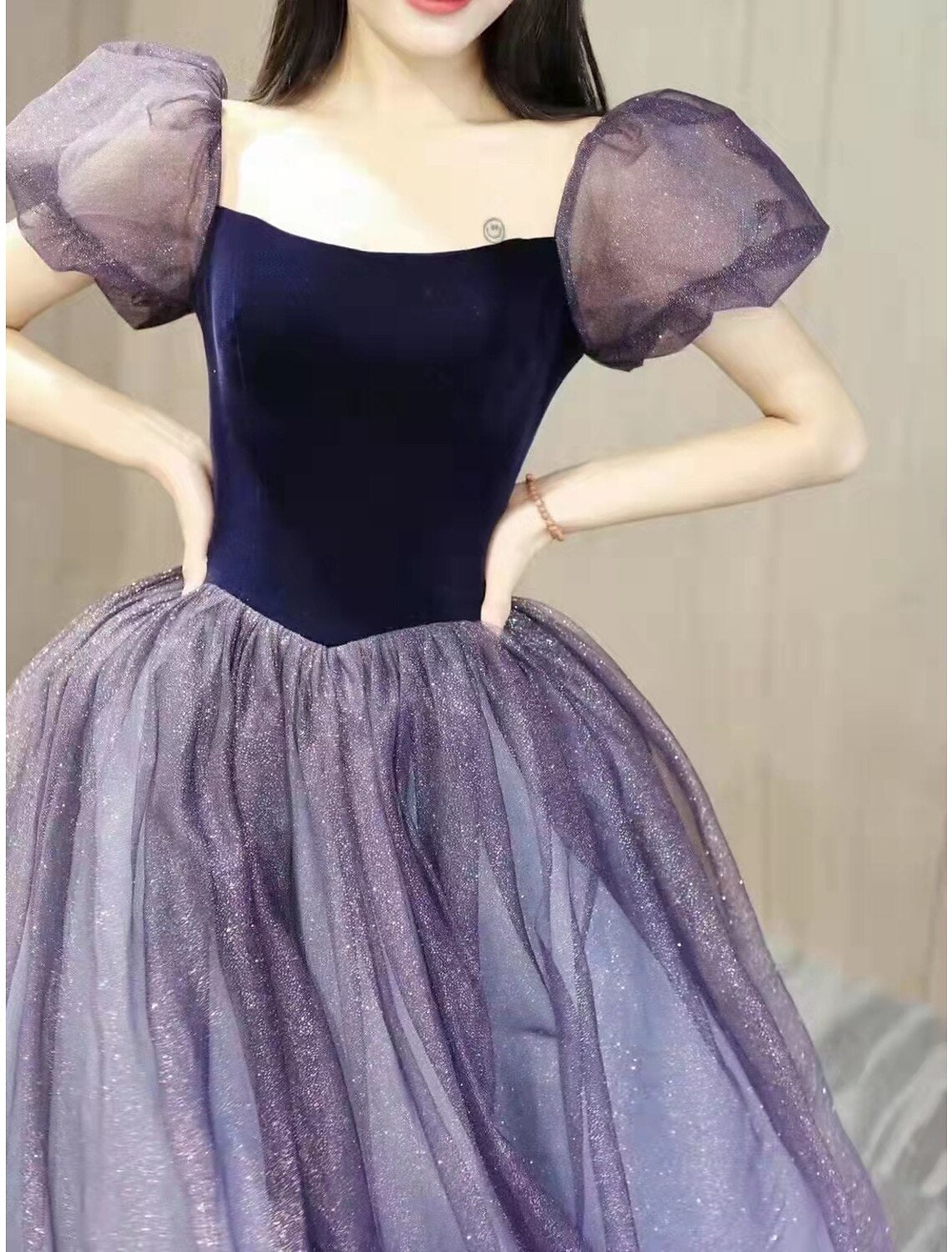 wholesale  Ball Gown Prom Dresses Cute Dress Engagement Prom Floor Length Short Sleeve Square Neck Tulle with Sequin Splicing