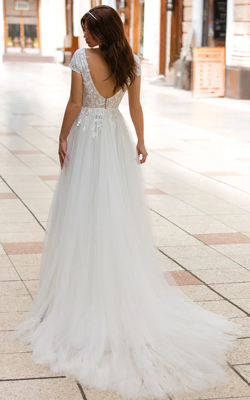Wholesa A Line Plunging Neckline Tulle Sweep Train Wedding Dress with Appliques