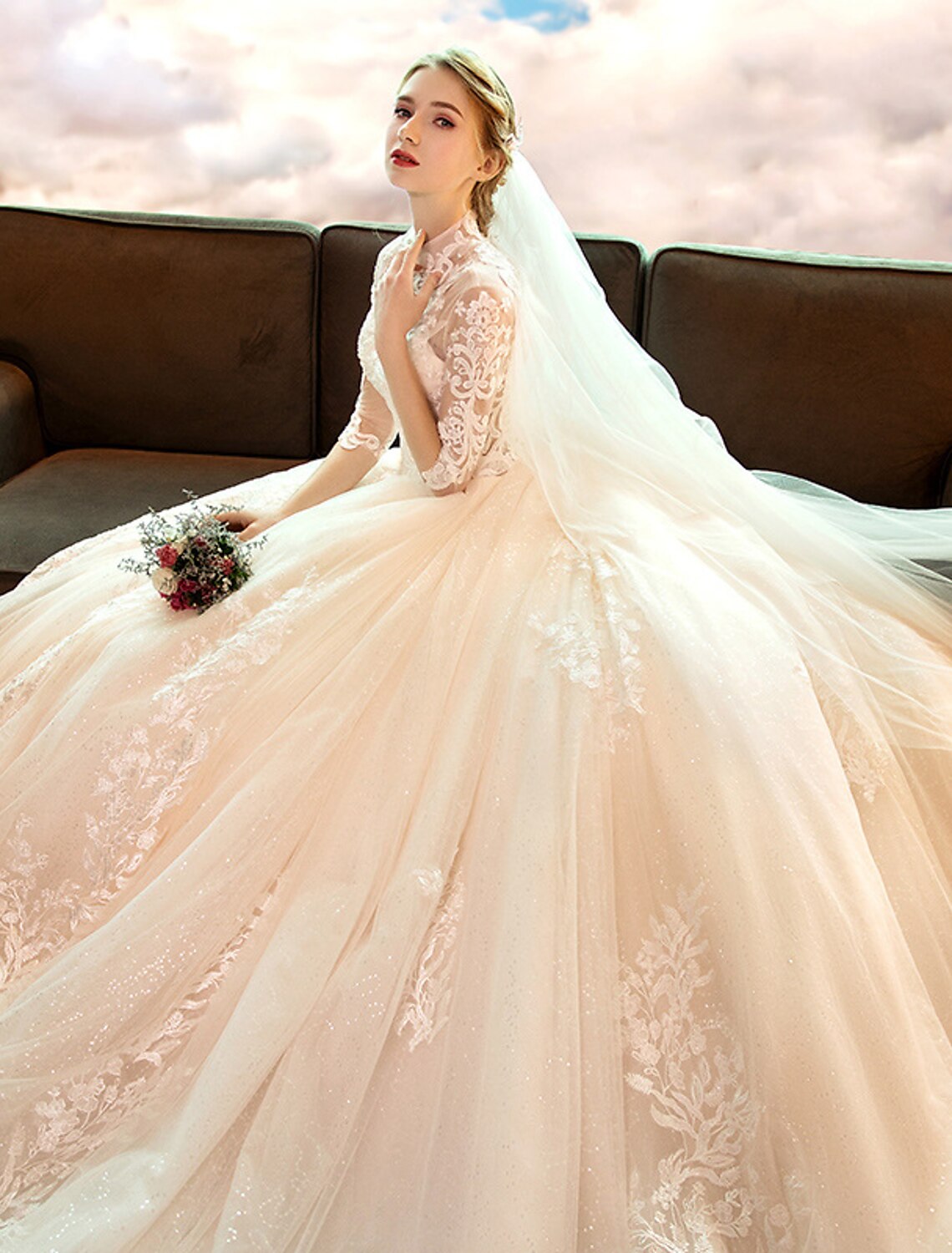 wholesale  Engagement Sparkle & Shine Formal Fall Wedding Dresses Ball Gown High Neck Long Sleeve Cathedral Train Lace Bridal Gowns With Sequin Appliques