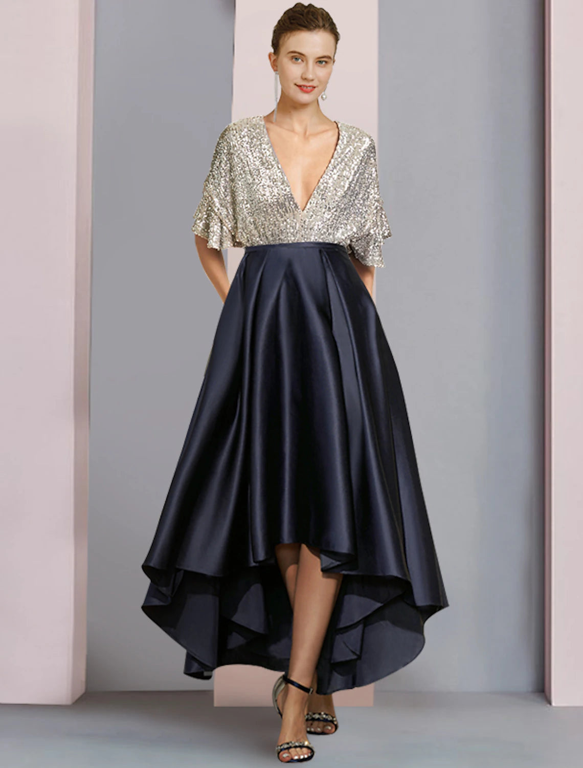 wholesale  A-Line Mother of the Bride Dress Wedding Guest Elegant Sparkle & Shine High Low V Neck Asymmetrical Tea Length Satin Sequined Short Sleeve with Pleats