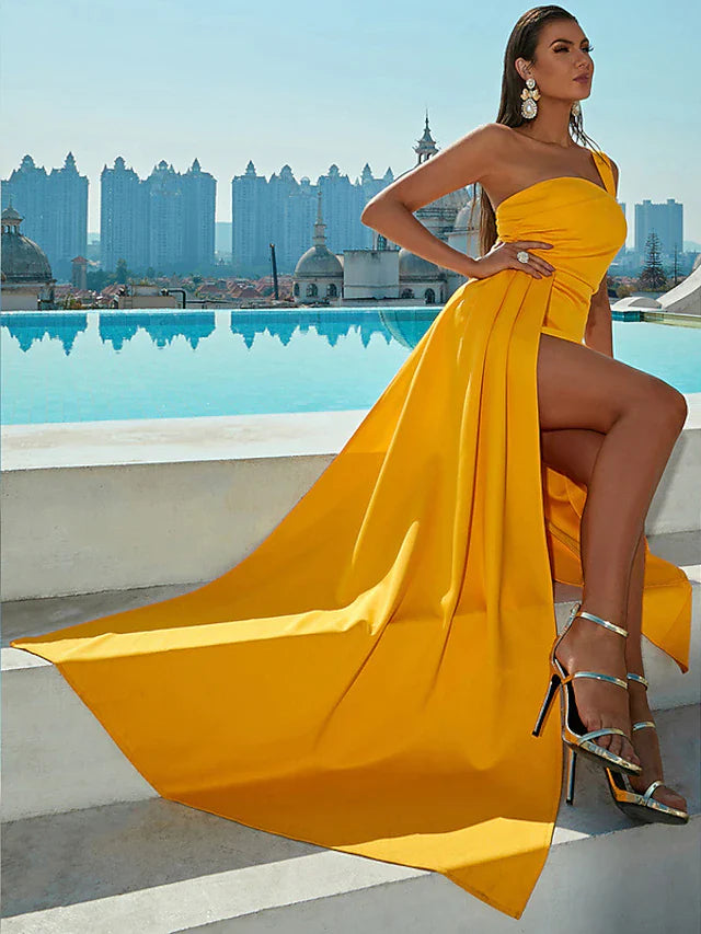 Wholesa Mermaid / Trumpet Evening Gown Sexy Dress Formal Sweep / Brush Train Sleeveless One Shoulder Cotton with Ruched Slit