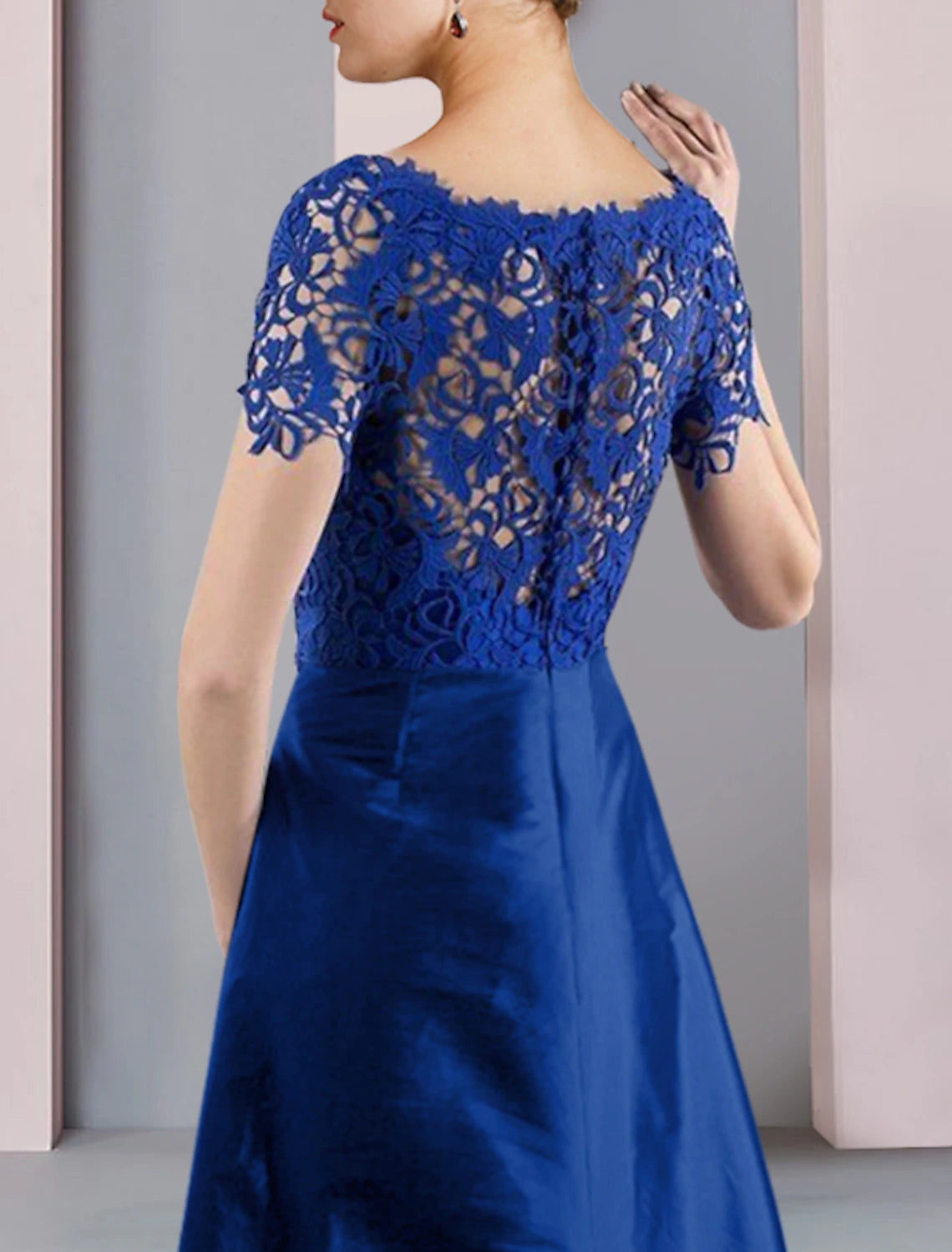 wholesale   Two Piece Sheath / Column Mother of the Bride Dress Formal Church Elegant detachable Scoop Neck Knee Length Lace Taffeta Short Sleeve with Bow(s) Crystal Brooch