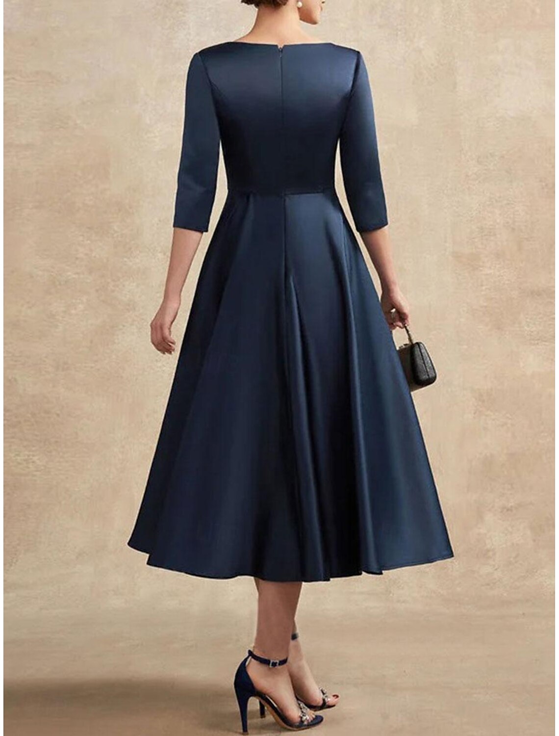 Wholesa A-Line Mother of the Bride Dress Wedding Guest Elegant Vintage Scalloped Neckline Tea Length Satin 3/4 Length Sleeve with Tassel