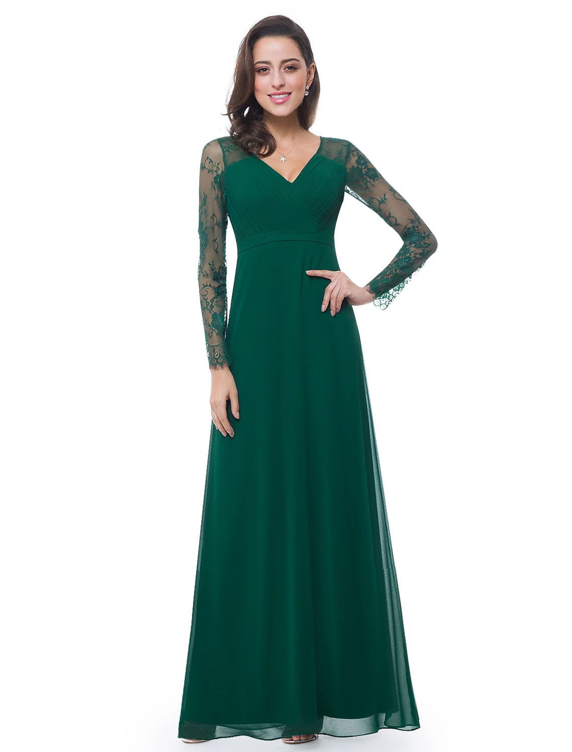 wholesaA-Line Evening Gown Elegant Dress Wedding Guest Formal Evening Floor Length Long Sleeve V Neck Chiffon with Sash / Ribbon Ruched Lace Insert