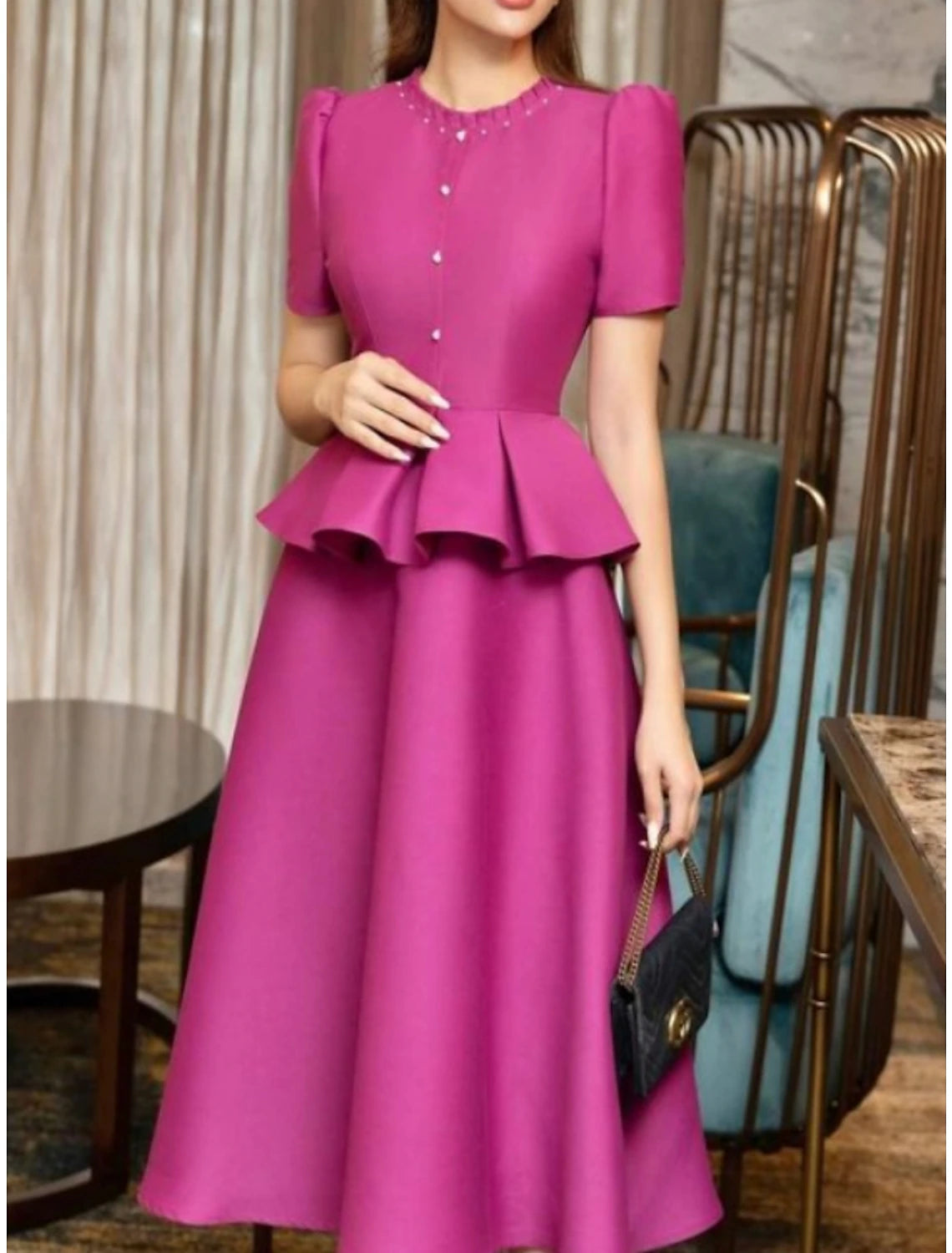 Wholesa A-Line Mother of the Bride Dress Wedding Guest Elegant Party Jewel Neck Tea Length Satin Short Sleeve with Buttons Pleats