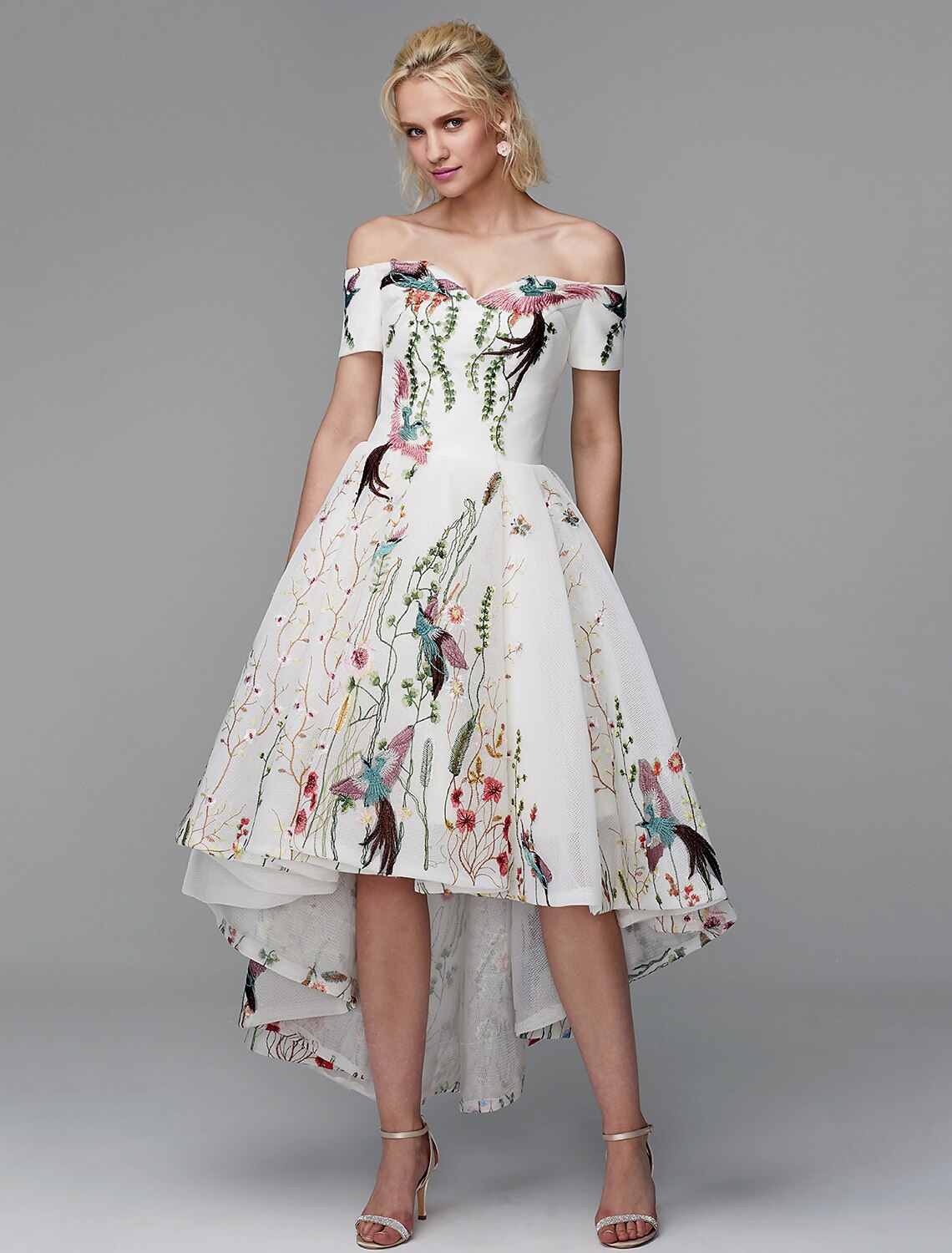 wholesale  Ball Gown Cute Dress Wedding Guest Cocktail Party Asymmetrical Short Sleeve Off Shoulder Polyester with Embroidery