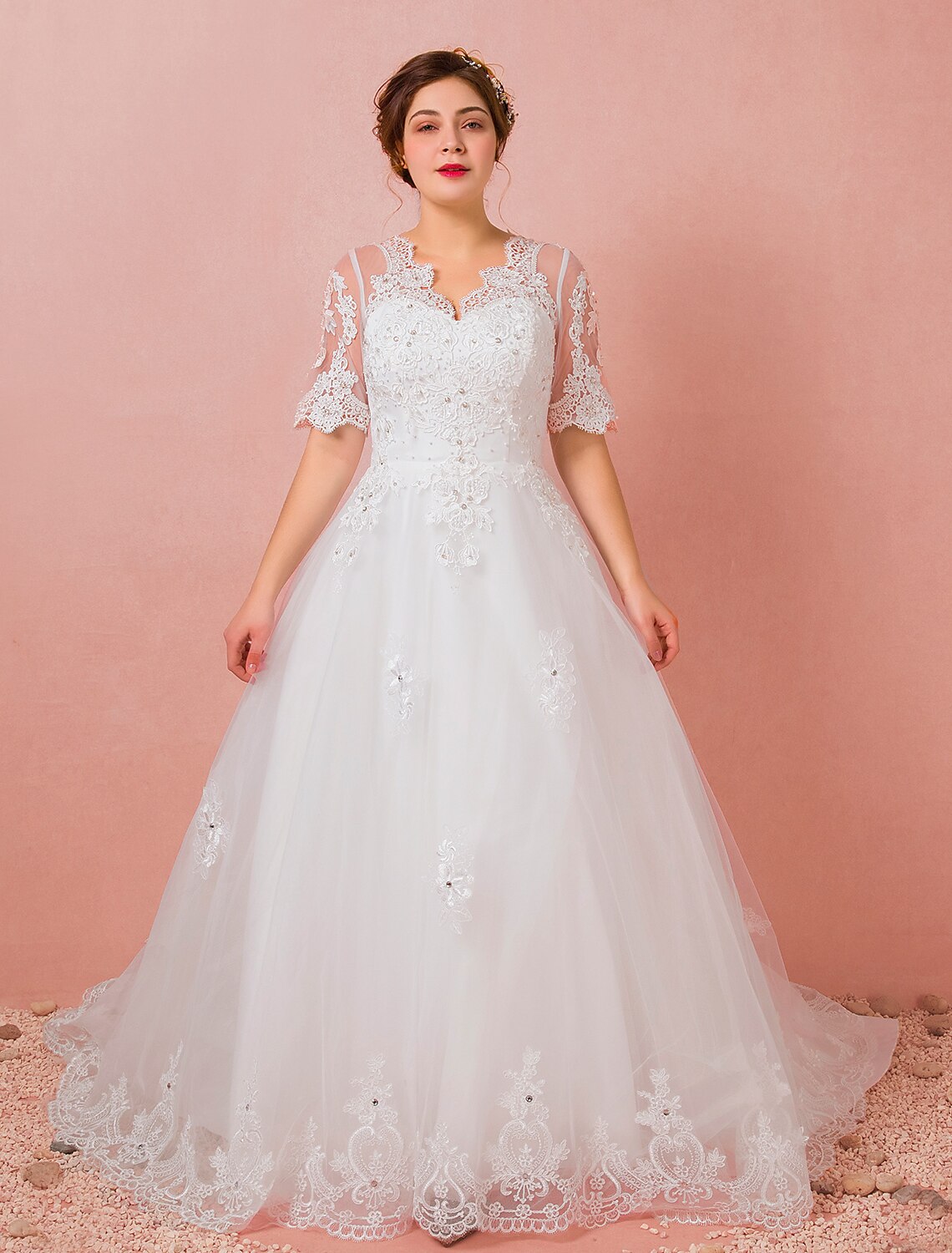 wholesale  Hall Wedding Dresses A-Line V Neck Half Sleeve Cathedral Train Satin Bridal Gowns With Lace Crystals