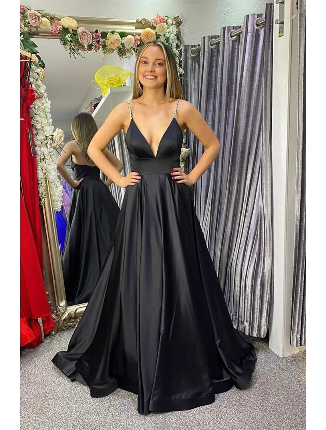 Wholesa A-Line Prom Dresses Princess Dress Formal Floor Length Sleeveless V Neck Stretch Satin Backless with Pleats
