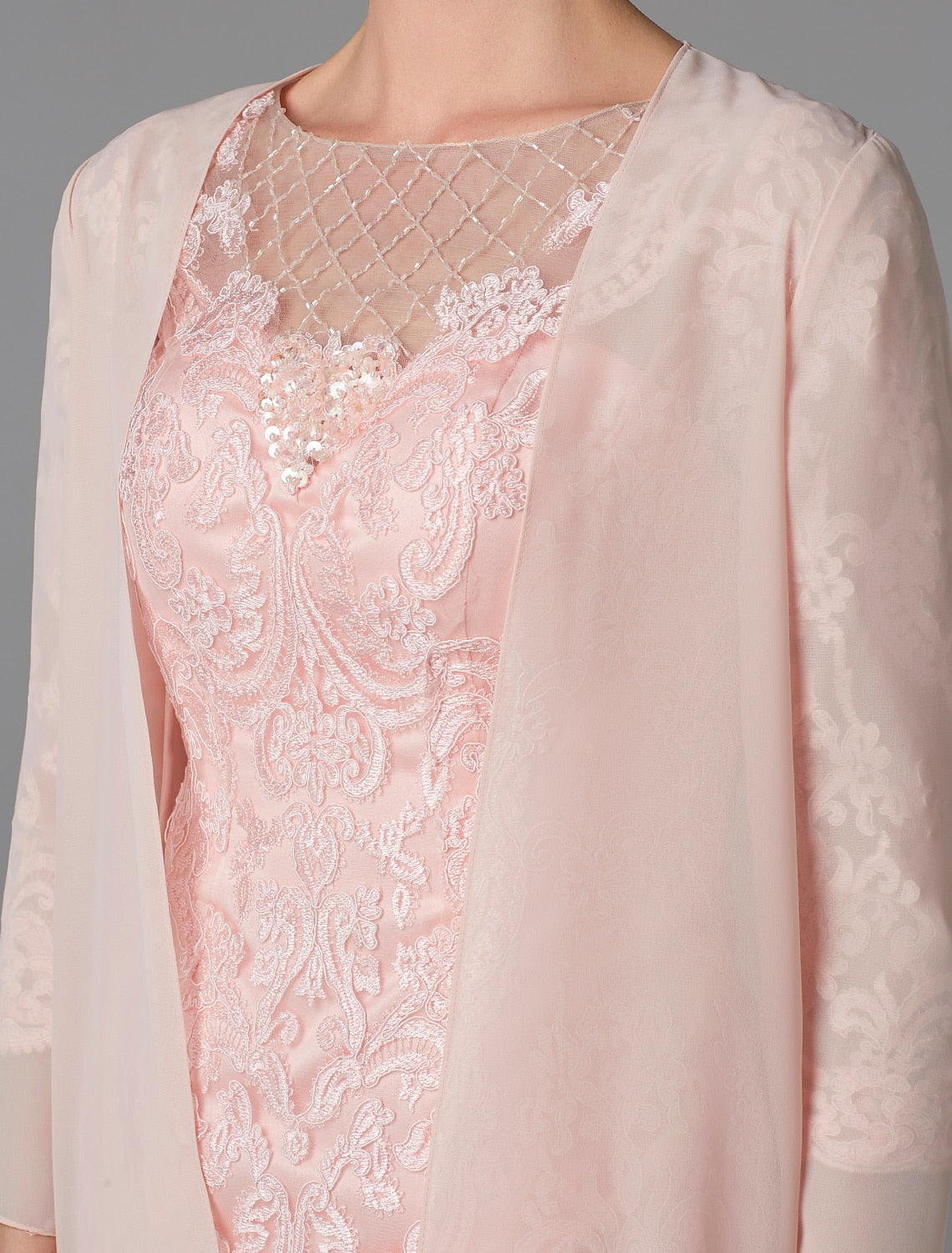 wholesale  Two Piece Sheath / Column Mother of the Bride Dress Church Sparkle & Shine Jewel Neck Knee Length Chiffon Lace 3/4 Length Sleeve Jacket Dresses with Beading Appliques