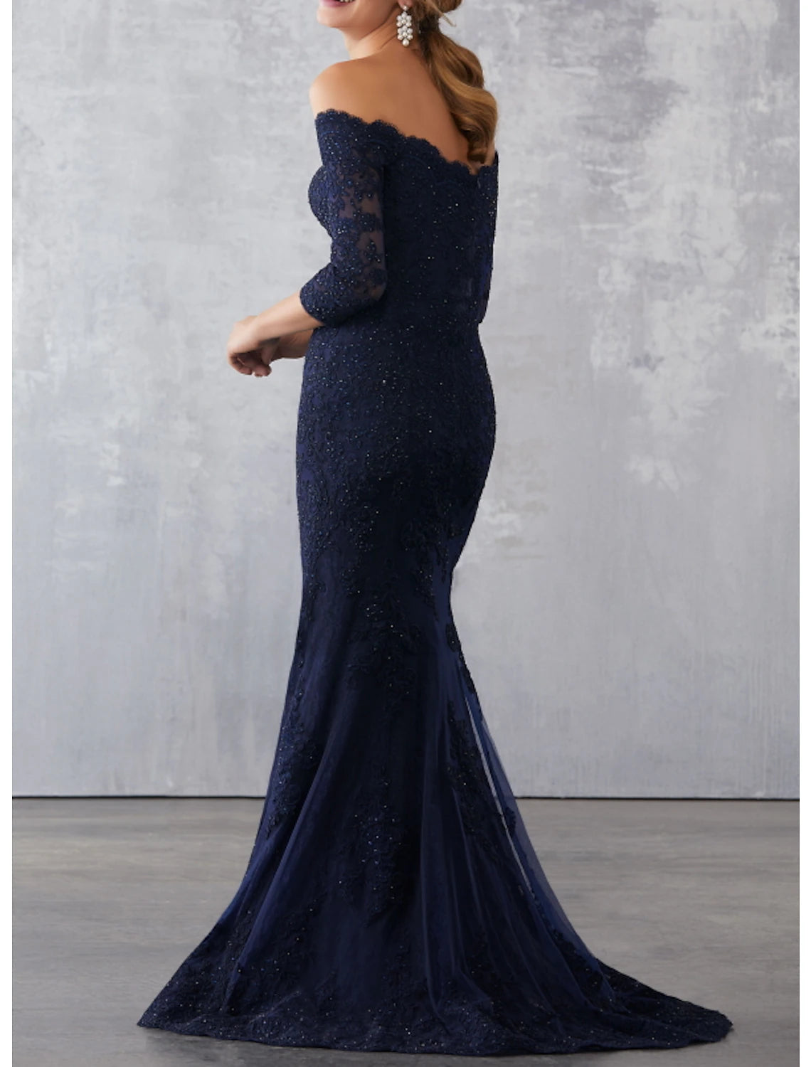 Wholesa Mermaid Black Dress Plus Size Elegant Wedding Guest Formal Evening Dress Off Shoulder Half Sleeve Sweep / Brush Train Lace with Beading Lace Insert Appliques