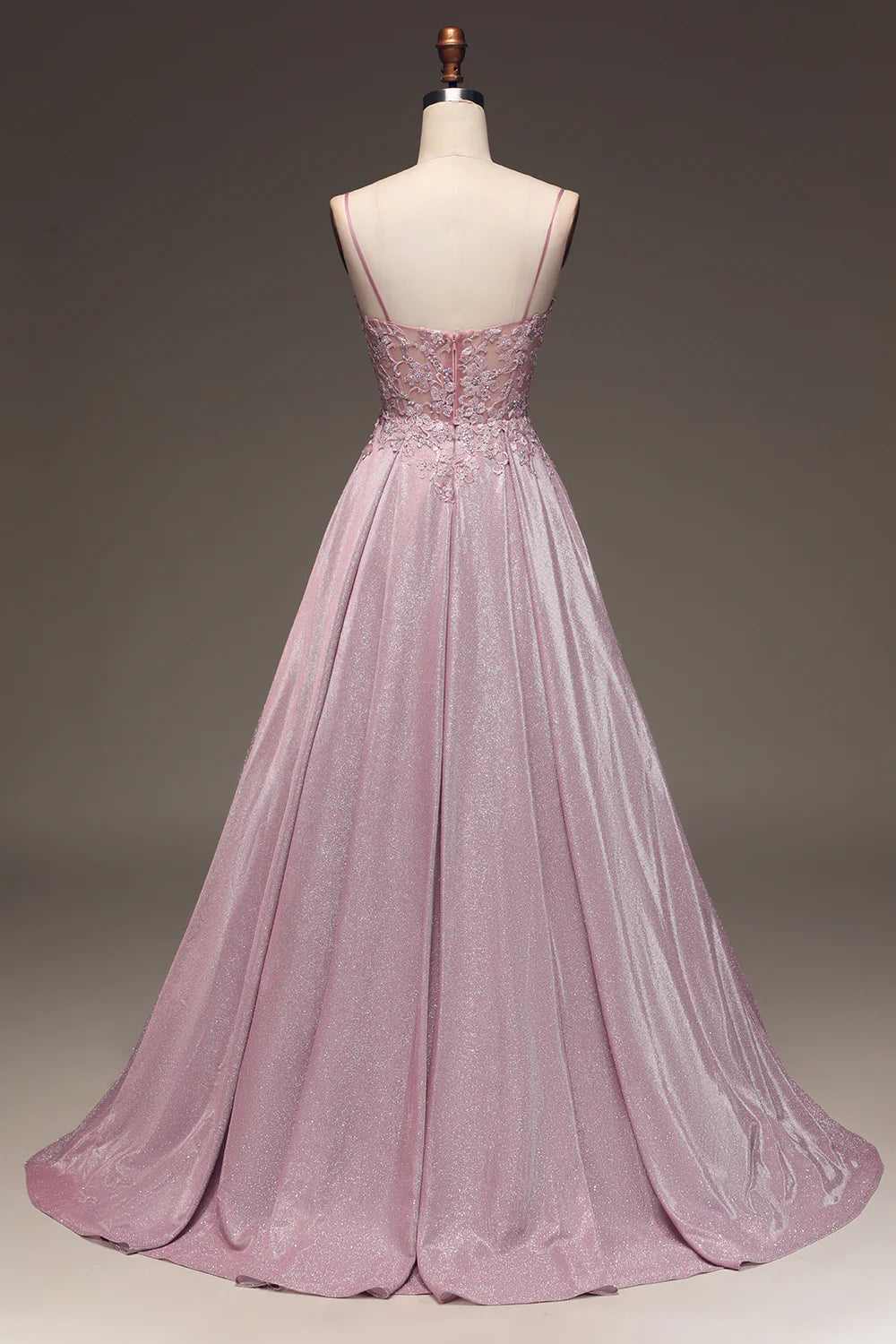 Wholesa Spaghetti Glitter Beaded Straps Ball Gown with Appliques