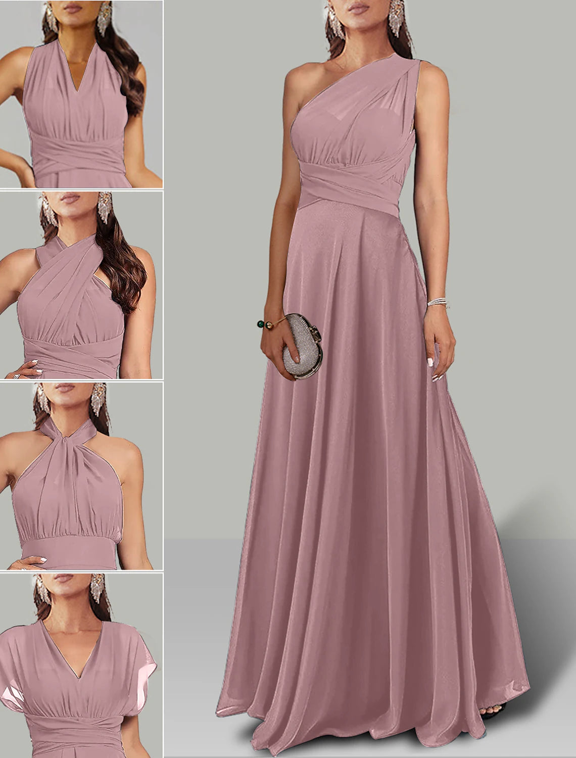 wholesale  A-Line Wedding Guest Dresses Infinity Dress Wedding Party Summer Floor Length Short Sleeve Halter Neck Convertible Chiffon with Ruched
