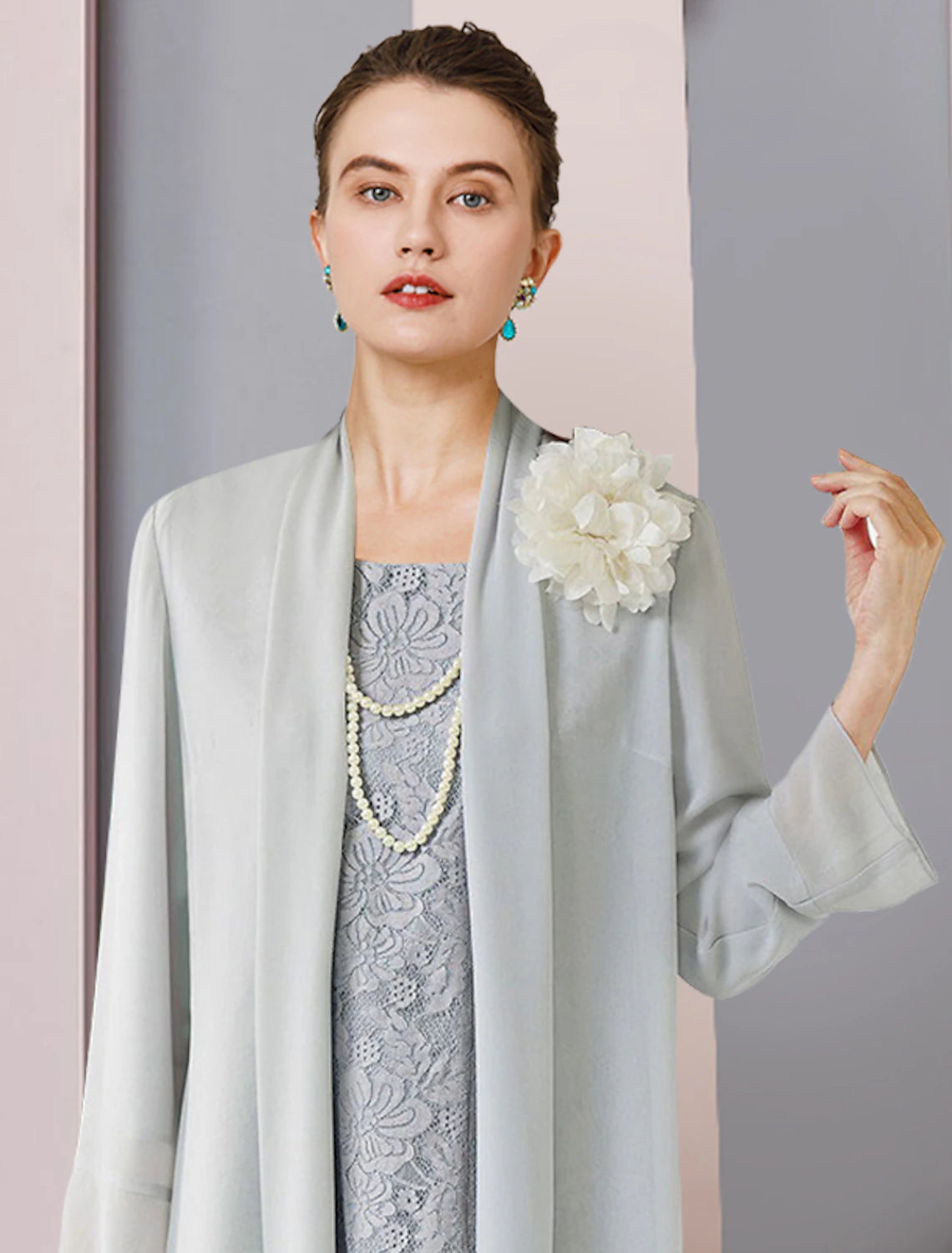 wholesale  Two Piece Sheath / Column Mother of the Bride Dress Formal Wedding Guest Vintage Elegant Scoop Neck Tea Length Chiffon Lace 3/4 Length Sleeve Jacket Dresses with Flower