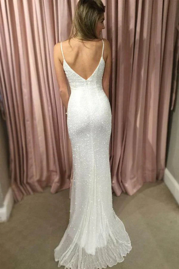 Wholesa Sheath Spahgetti Straps Sweep Train White Sequined formal dresses Prom Dresses Party Dress