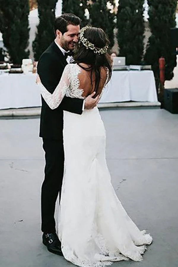 Wholesa Sheath V-Neck Long Tulle Sleeves Backless Wedding Dress with Appliques