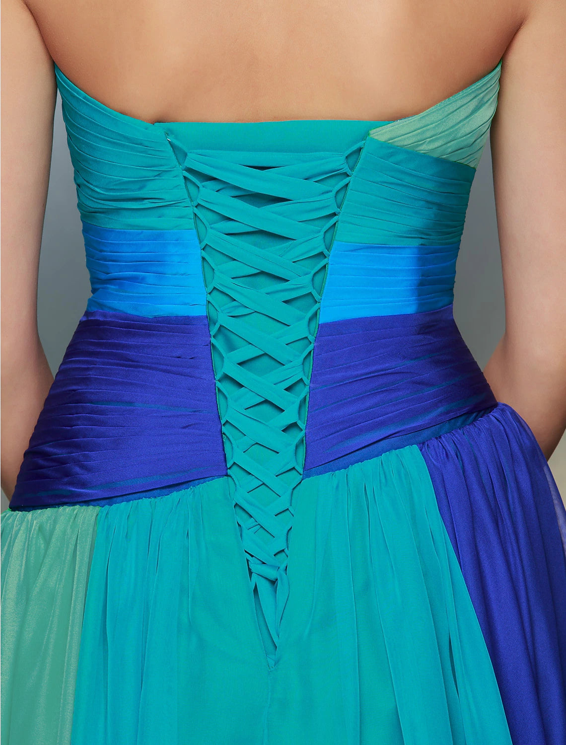 Wholesa A-Line Color Block Dress Wedding Guest Prom Floor Length Sleeveless Sweetheart Chiffon Backless with Ruched Crystals