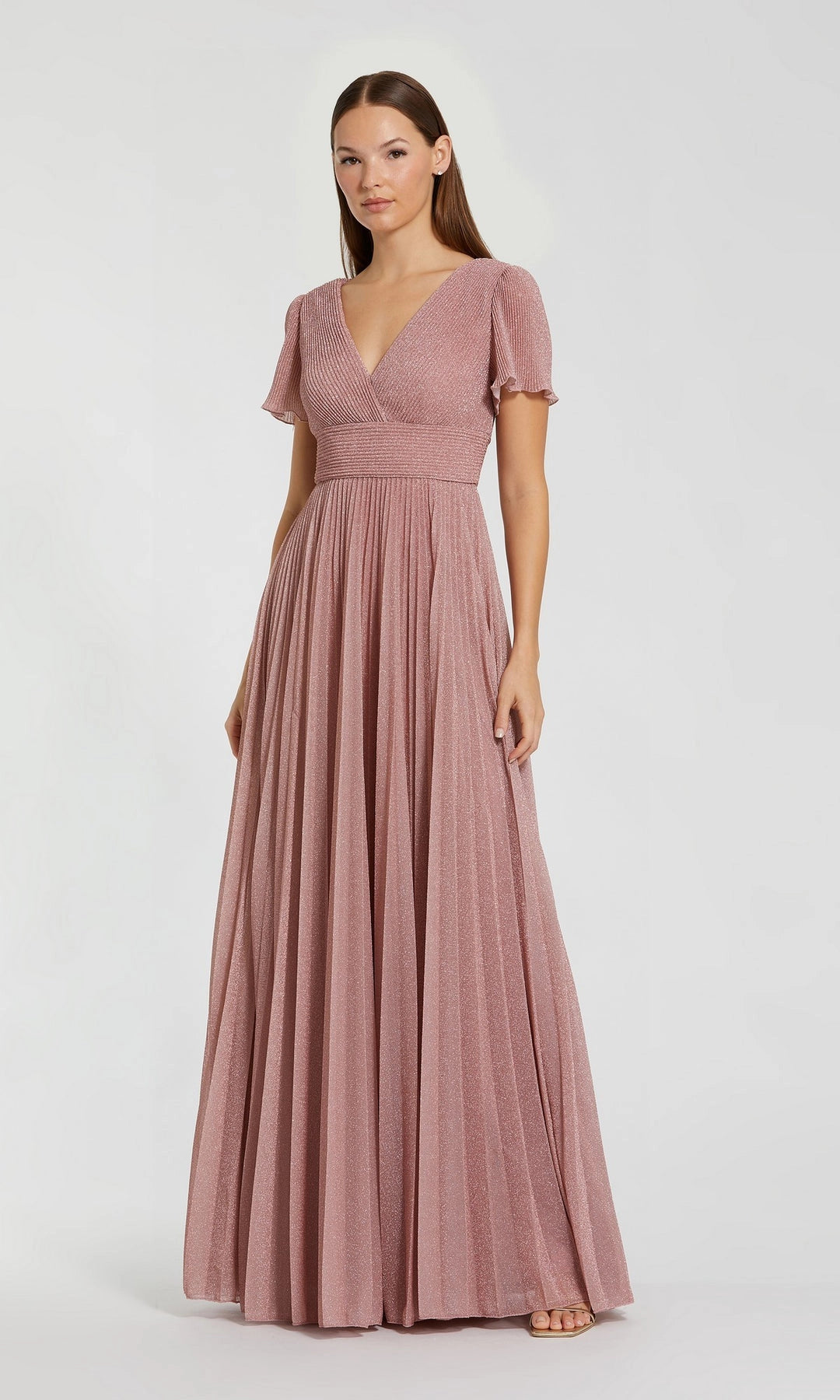 Shimmer A-Line V-Neck Flutter Sleeve Simple Back Maxi Bridesmaid Prom Gown