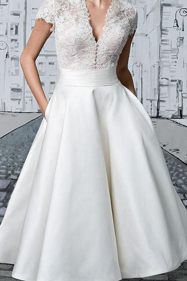 Wholesa A-line Simple V-neck Lace Tea-length Ivory Bridal Gown Short Wedding Dresses