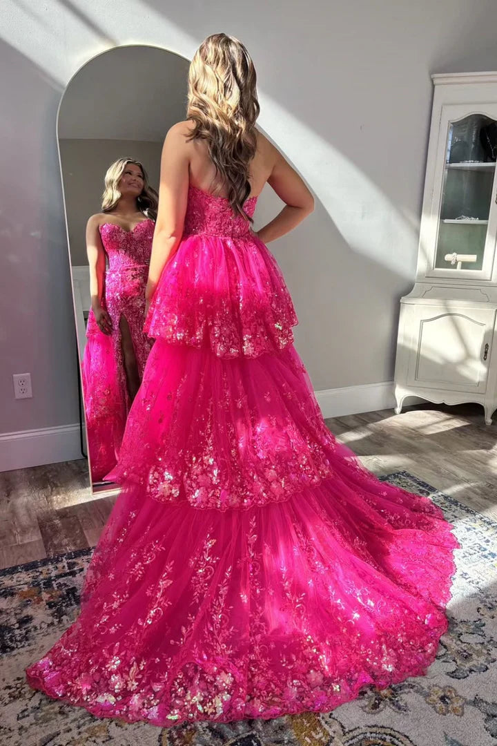 Showstopping Strapless Sweetheart Tiered Sequin Prom Dress