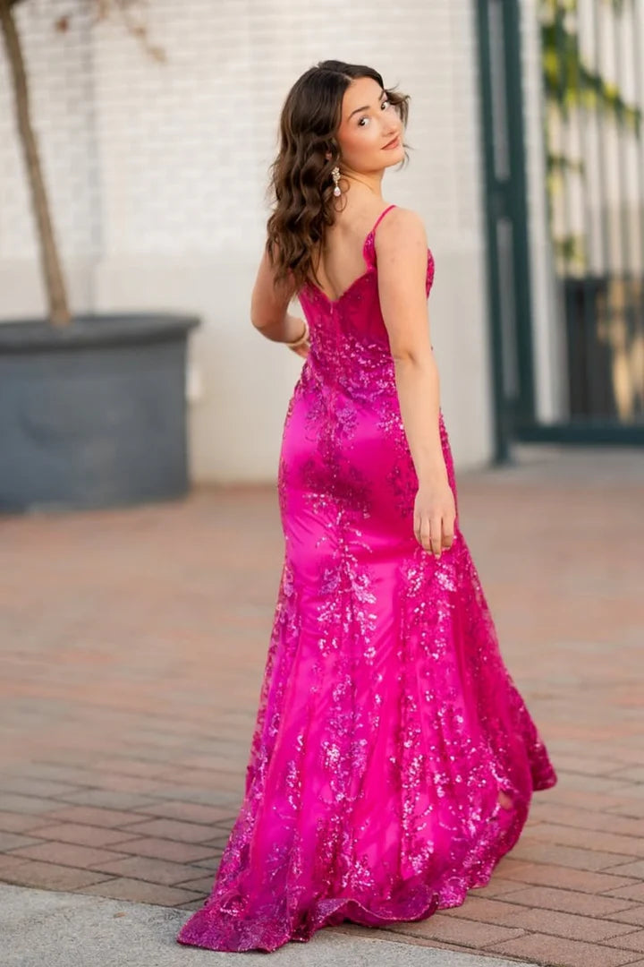 Showstopping V-neck Spaghetti Strap Sequin Mermaid Prom Dress