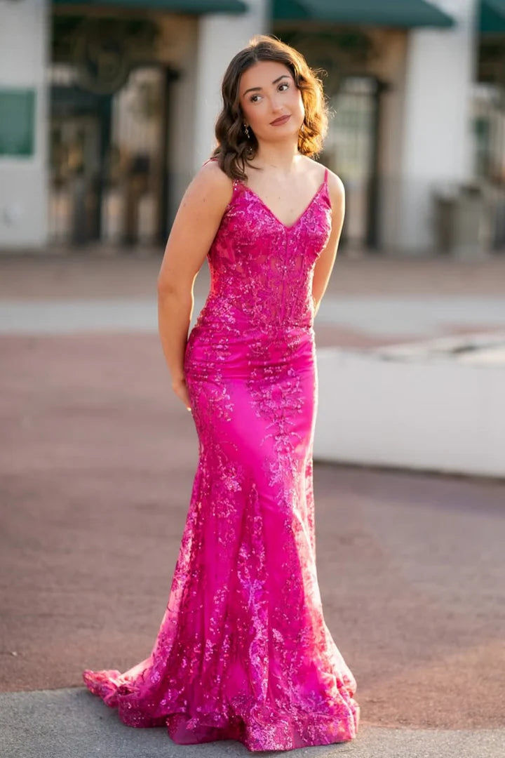 Showstopping V-neck Spaghetti Strap Sequin Mermaid Prom Dress
