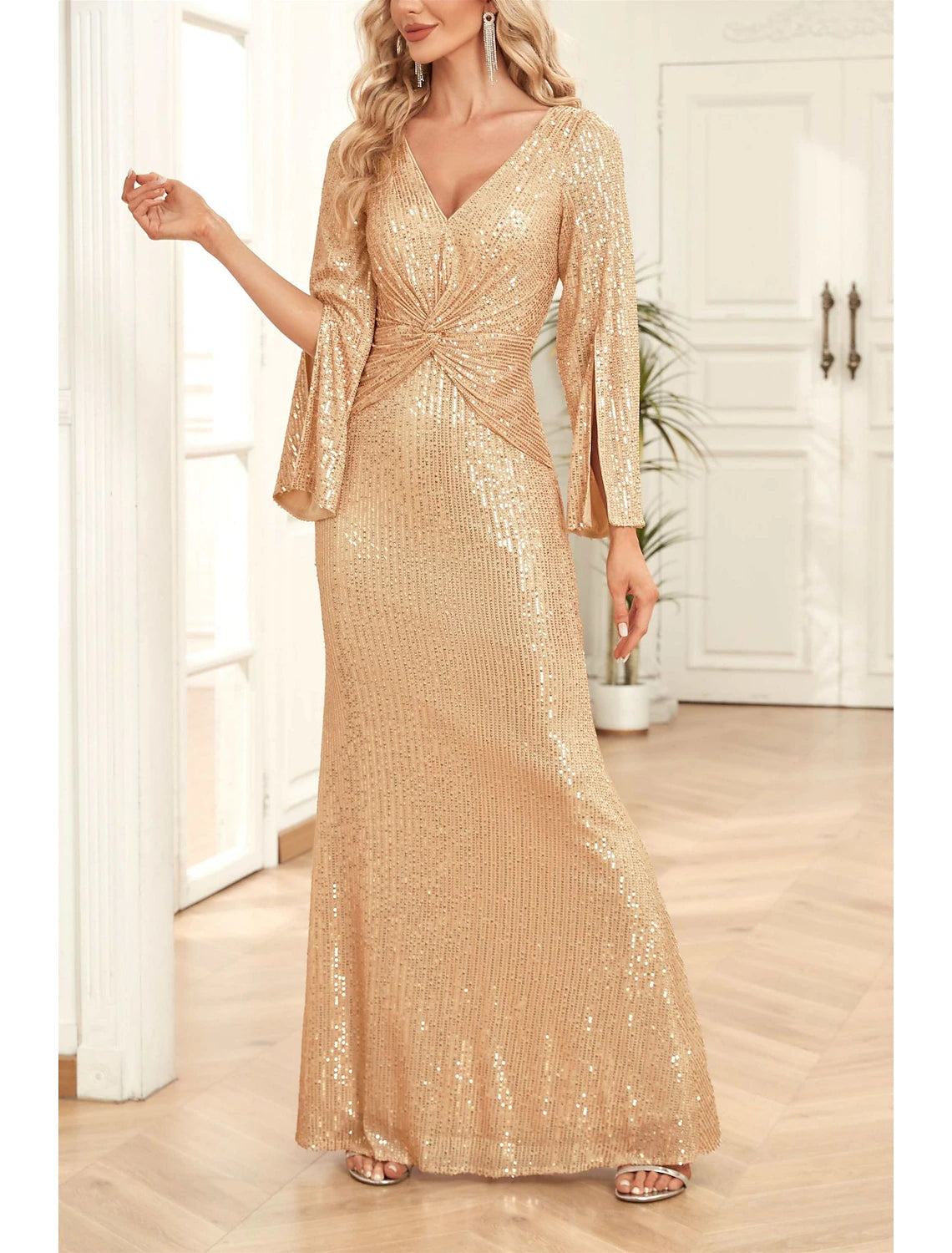 Wholesa  Mermaid / Trumpet Mother of the Bride Dress Wedding Guest Party Sparkle & Shine Scoop Neck V Neck Floor Length Sequined 3/4 Length Sleeve with Ruching Solid Color