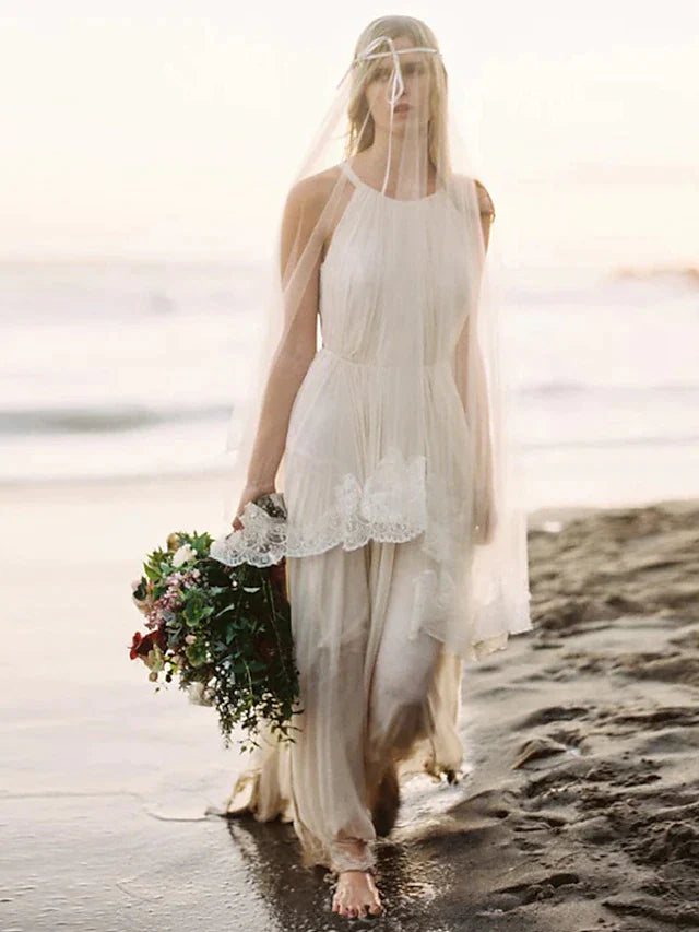 Wholesa Beach Open Back Boho Wedding Dresses Court Train A-Line Sleeveless Halter Chiffon With Solid Color