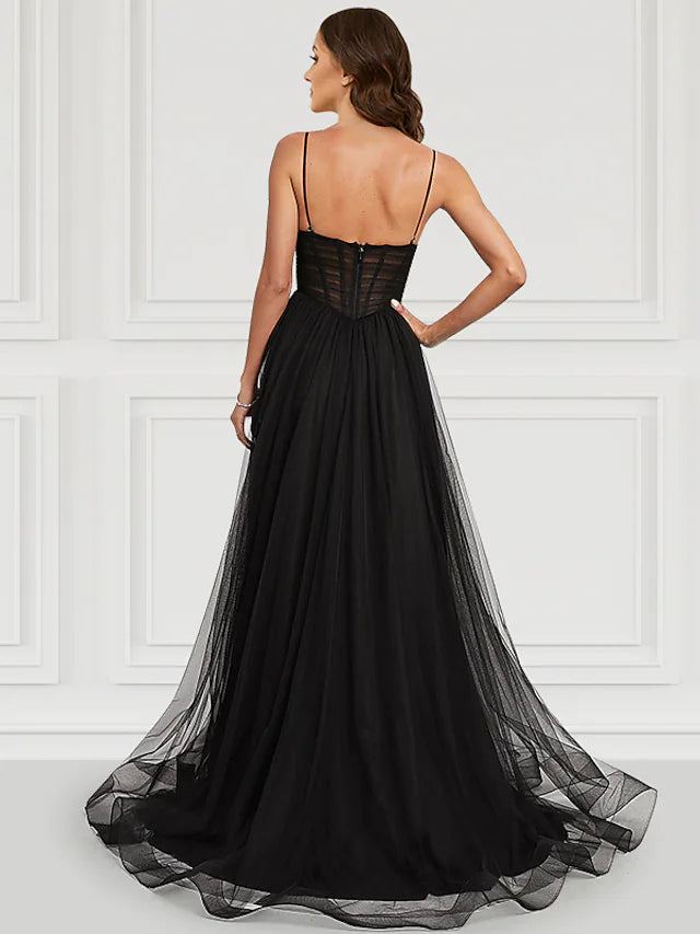 Wholesa A-Line Prom Dresses Corsets Dress Party Wear Court Train Sleeveless Spaghetti Strap Tulle with Slit