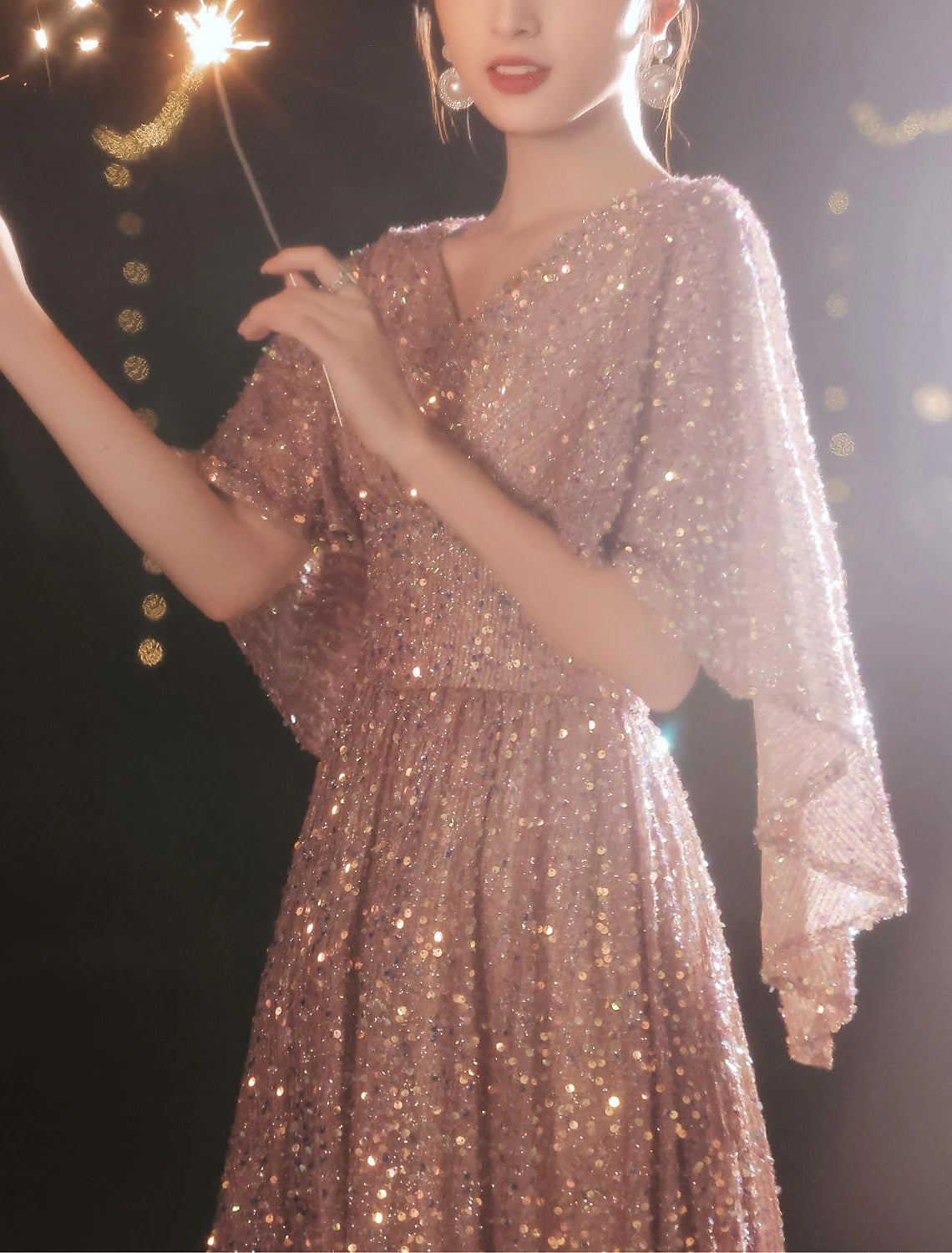 Wholesa A-Line Party Dress Sparkle Elegant Prom Formal Evening Dress V Neck Half Sleeve Floor Length Satin with Sequin