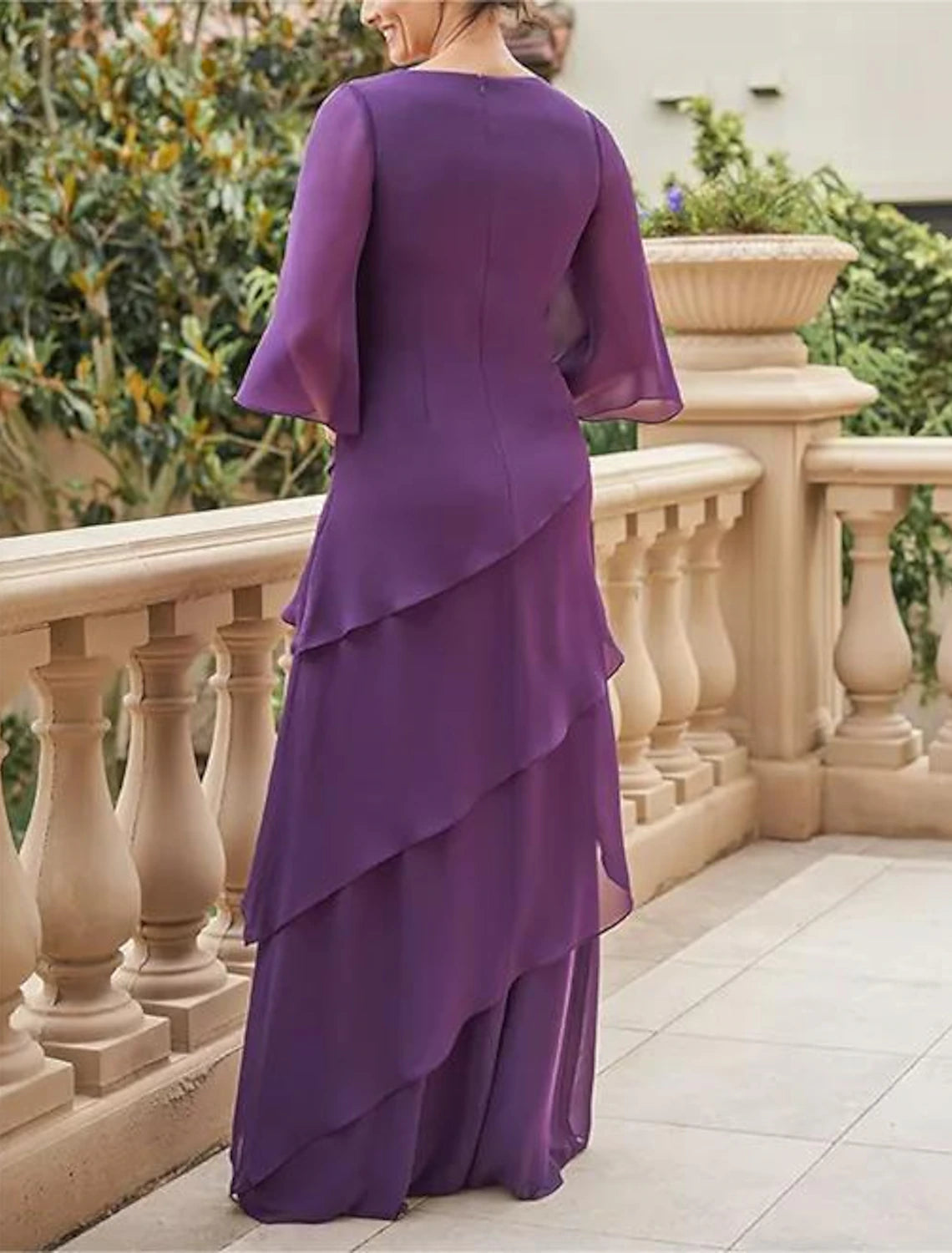 Wholesa A-Line Mother of the Bride Dress Formal Wedding Guest Elegant V Neck Floor Length Chiffon Half Sleeve with Cascading Ruffles Ruching Solid Color