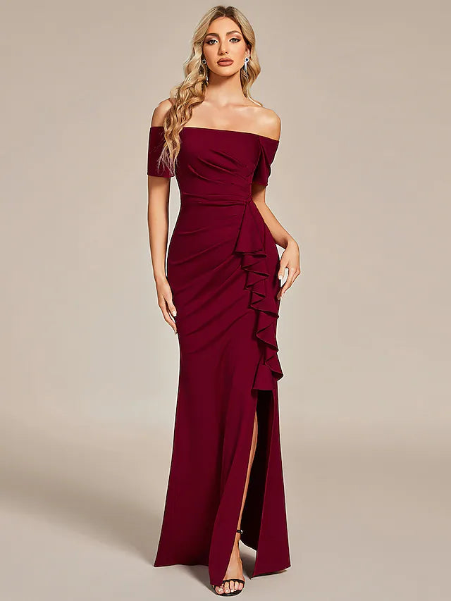 Wholesa Prom Dress Wedding Guest Dress Long Black Wine Short Sleeve Pure Color Ruched Summer Spring Fall Off Shoulder