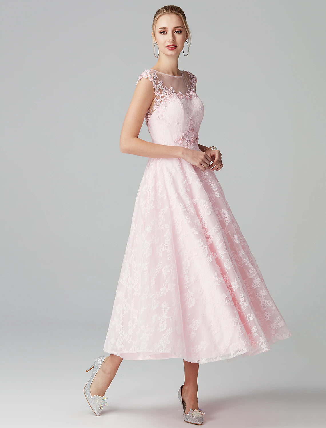 wholesa A-Line Prom Dresses Floral Dress Evening Party Wedding Guest Ankle Length Short Sleeve Illusion Neck Lace Zipper with Appliques