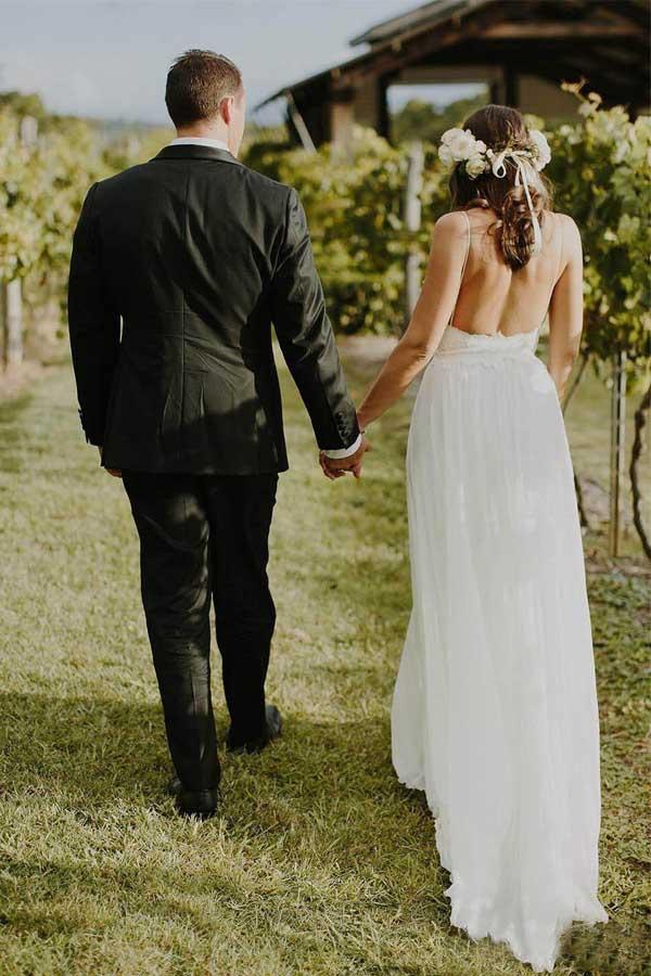 Wholesa Beach A-line Simple Spaghetti Straps Chiffon Wedding Dresses with Lace