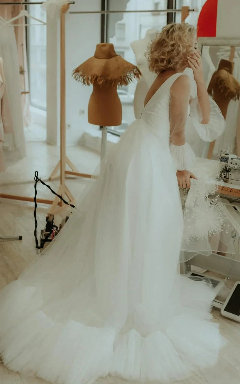 Wholesa A Line Tulle V-neck Bell Simple Wedding Dress with Ruching