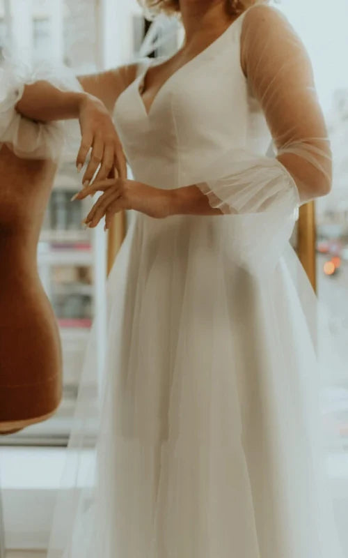 Wholesa A Line Tulle V-neck Bell Simple Wedding Dress with Ruching
