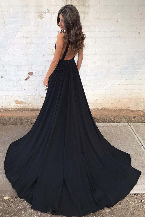 Wholesa A line Deep V Neck Simple Black Chiffon Backless Long Prom Dress