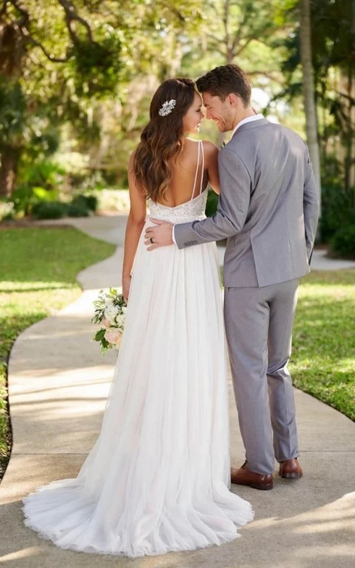 Wholesa A-Line Backless Spaghetti Simple Tulle Applique Wedding Gown Garden Wedding Dress