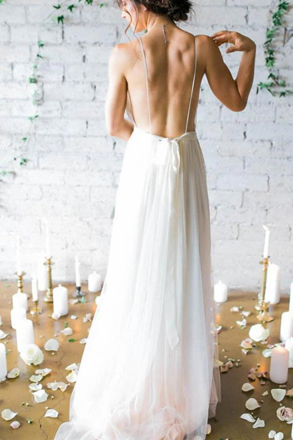 Wholesa A-line Simple Deep V-neck Sweep Train Ivory Wedding Dresses With Straps