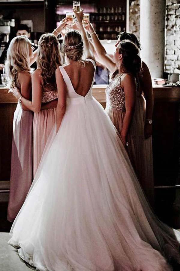 Wholesa A-line Simple Ivory Tulle Backless Wedding Gowns Wedding Dress