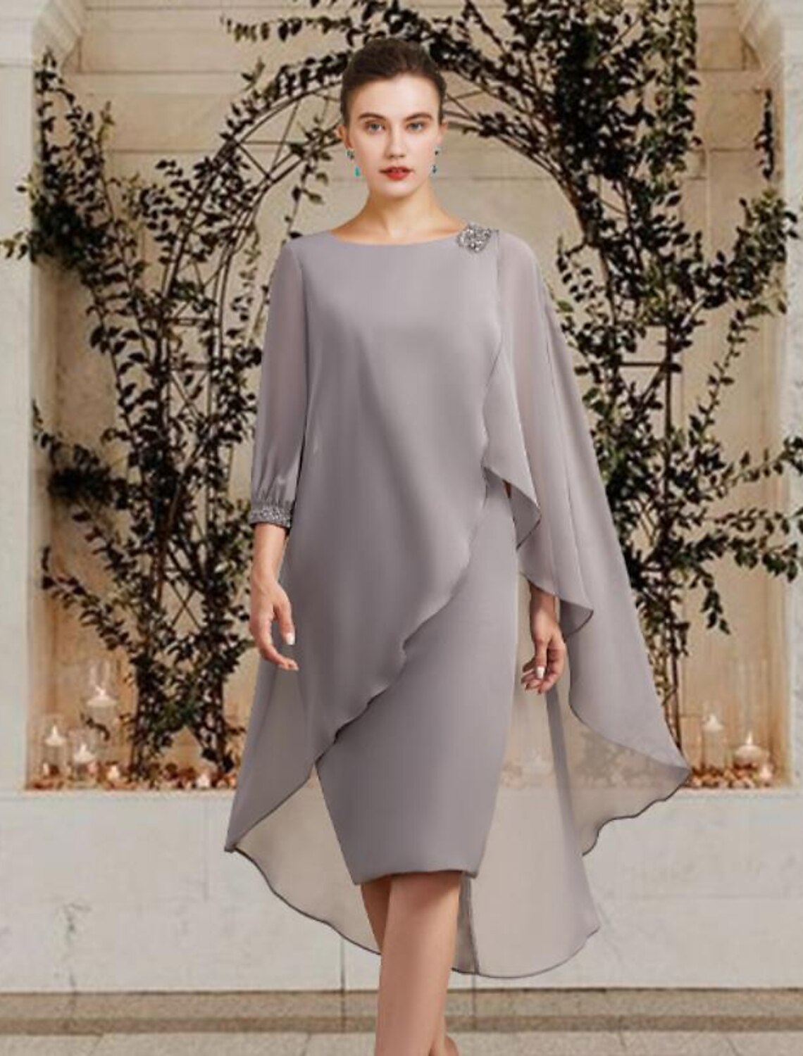 wholesale  Sheath / Column Mother of the Bride Dress Wedding Guest Elegant Jewel Neck Floor Length Chiffon 3/4 Length Sleeve with Beading Sequin Fall