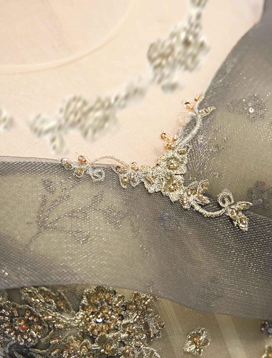 wholesale  A-Line Evening Gown Floral Dress Wedding Guest Engagement Floor Length Short Sleeve Illusion Neck Tulle with Pleats