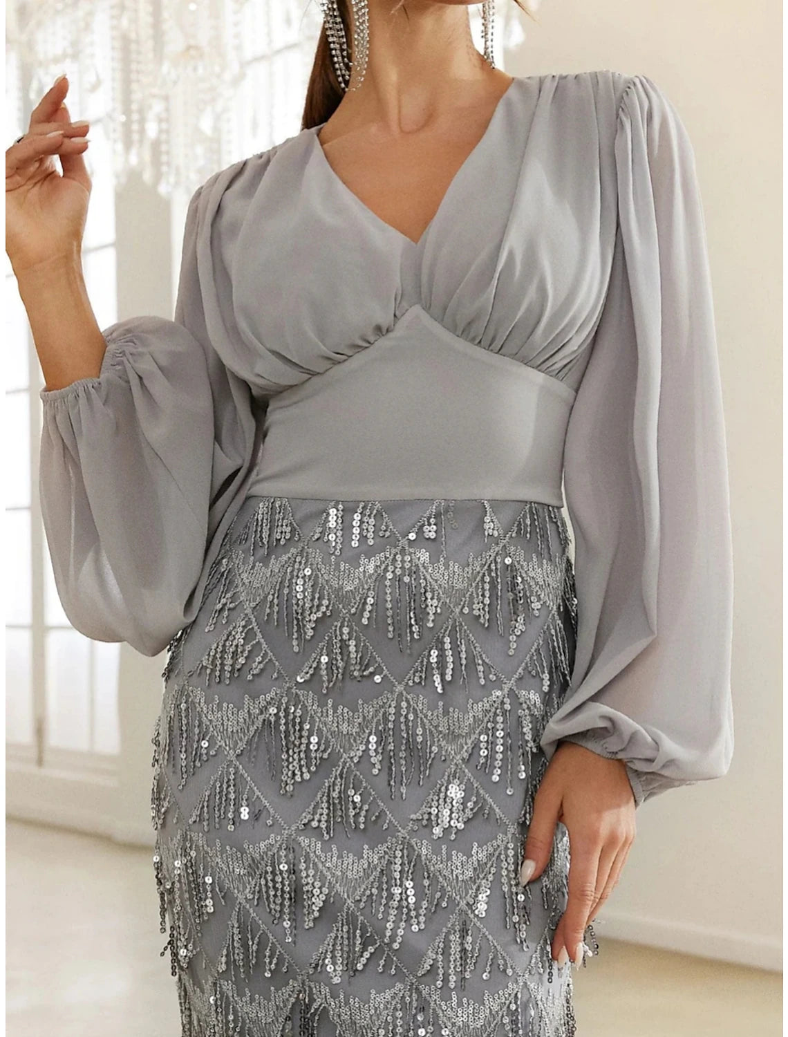 Wholesa A-Line Evening Gown Elegant Dress Formal Floor Length Long Sleeve V Neck Sequined with Glitter Ruched Slit