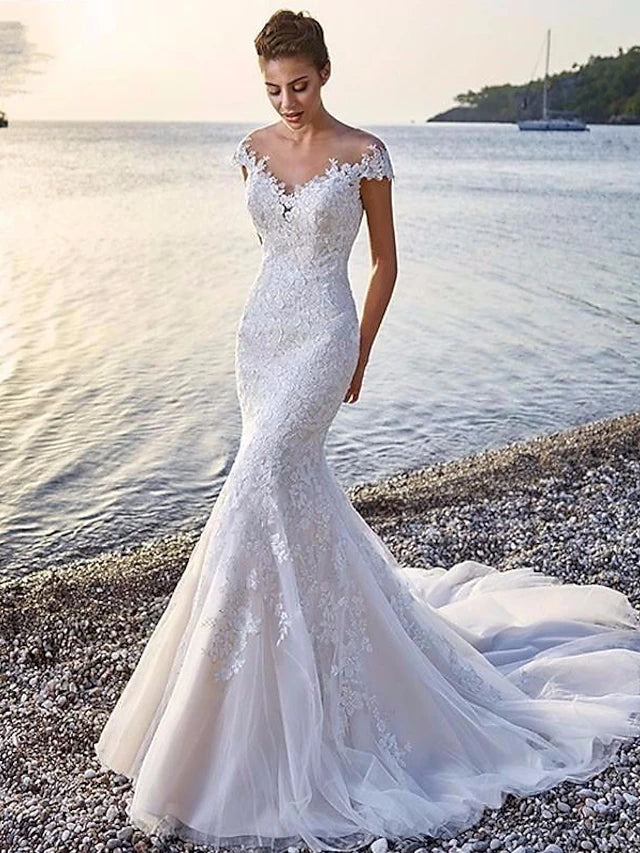 Wholesa Beach Formal Wedding Dresses Court Train Mermaid / Trumpet Sleeveless Scoop Neck Off Shoulder Organza With Appliques